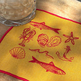 "Summer Seaside" Embroidered Linen Cocktail Napkins, Set of 4
