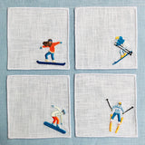 "Après-Ski" Embroidered Linen Cocktail Napkins, Set of 4