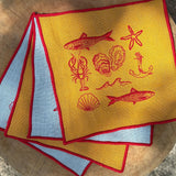 "Summer Seaside" Embroidered Linen Cocktail Napkins, Set of 4