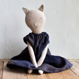 Mae the Cat – Heirloom Wool Doll in Islesboro Plaid Linen Dress
