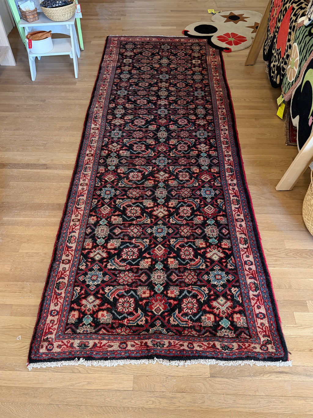 Vintage Pink and Blue Caucasian Hand Knotted Wool Runner, 3’8” x 10’7”