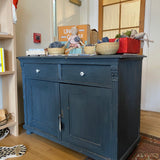 Vintage European Low Pine Hutch, Grey/Blue Finish