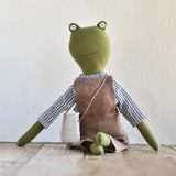Fern the Frog — Heirloom Wool Doll in Canyon Linen Overalls